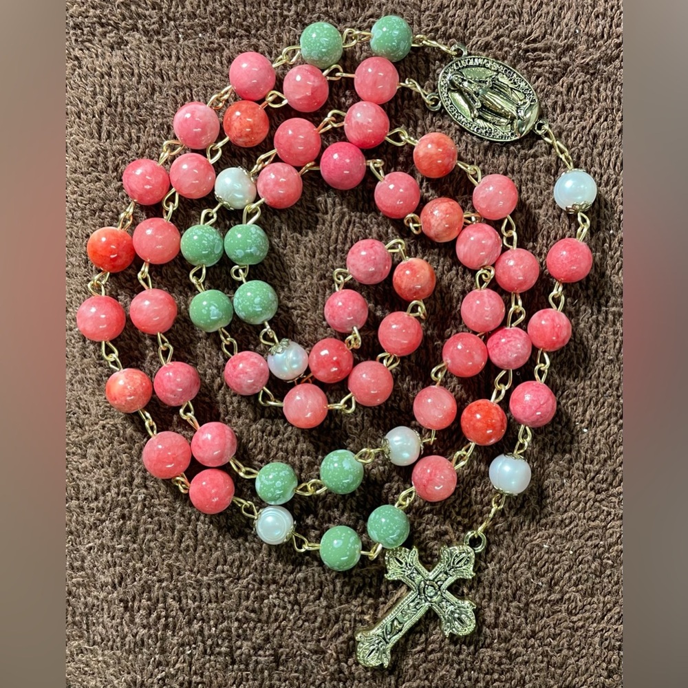 Elegant Pink and Green Beaded Rosary Heirloom quality One of a kind